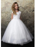 Pearl Neck White Satin Glitter Tulle Flower Girl Dress